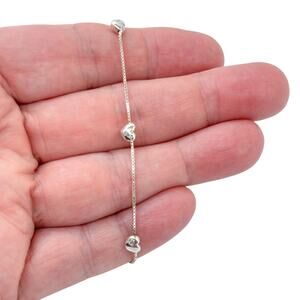 Estate Sterling Silver 925 Heart Bead Box Chain Anklet 8.5"-9.5"